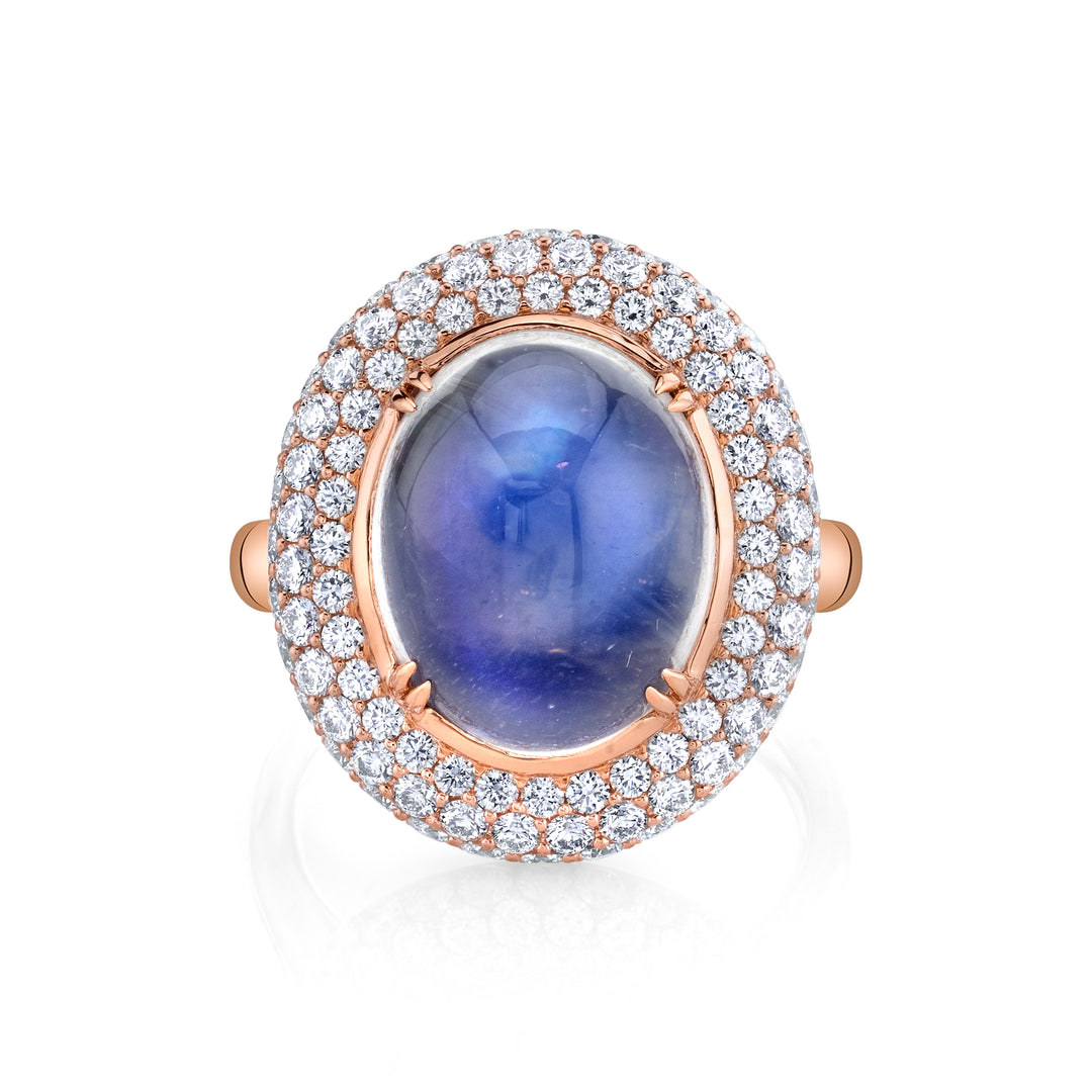 10.39ct Oval Blue Sheen Moonstone Cabaochon & Diamond Ring