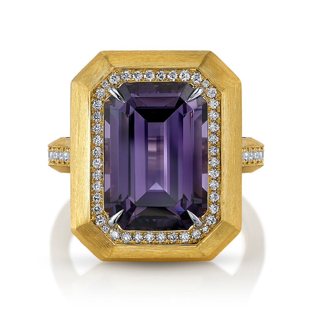 8.66 Emerald Cut Greyish-Purple Spinel & Diamond Ring