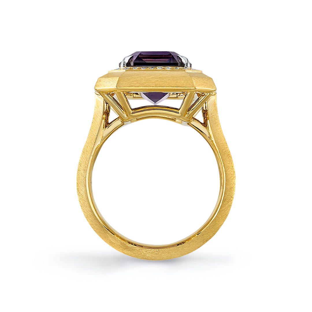 8.66 Emerald Cut Greyish-Purple Spinel & Diamond Ring