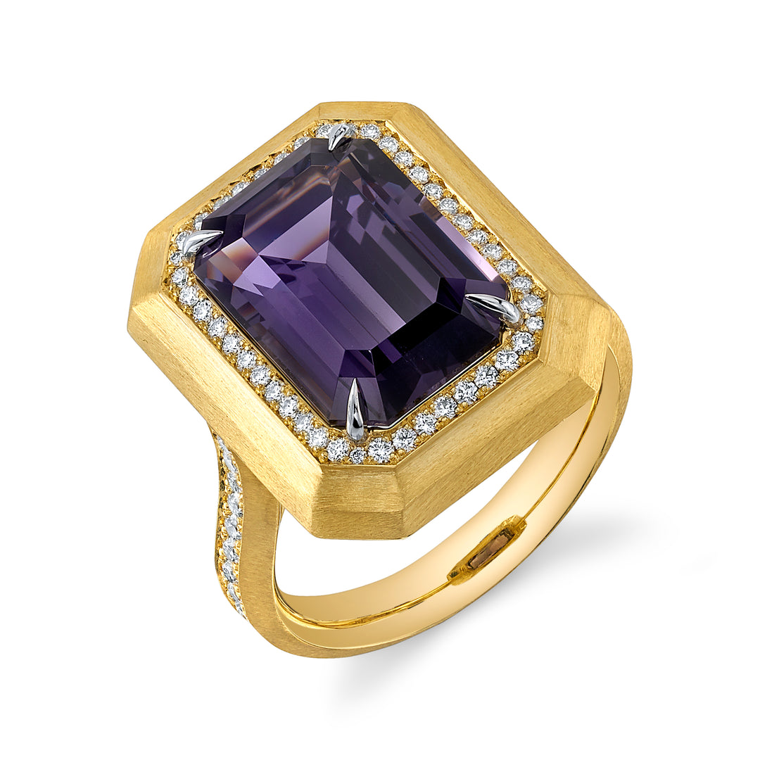 8.66 Emerald Cut Greyish-Purple Spinel & Diamond Ring