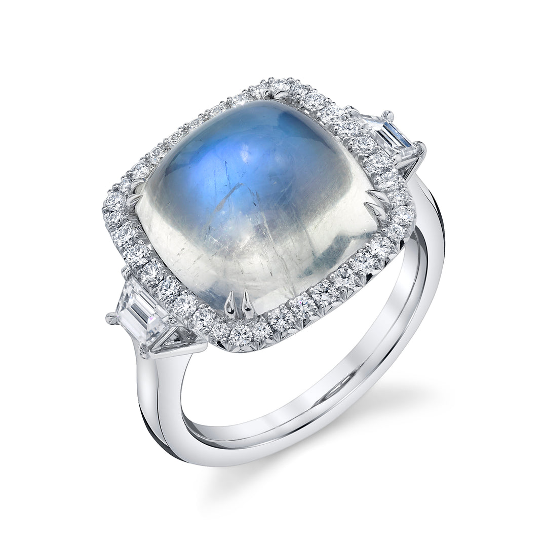 8.56ct Square Cushion Blue Sheen Moonstone & Diamond Three Stone Ring