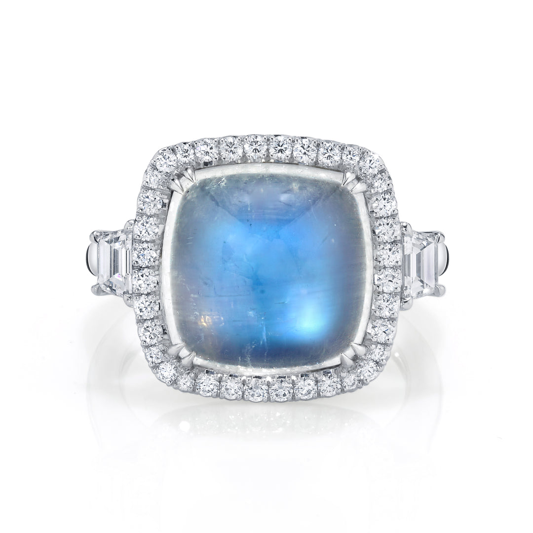 8.56ct Square Cushion Blue Sheen Moonstone & Diamond Three Stone Ring