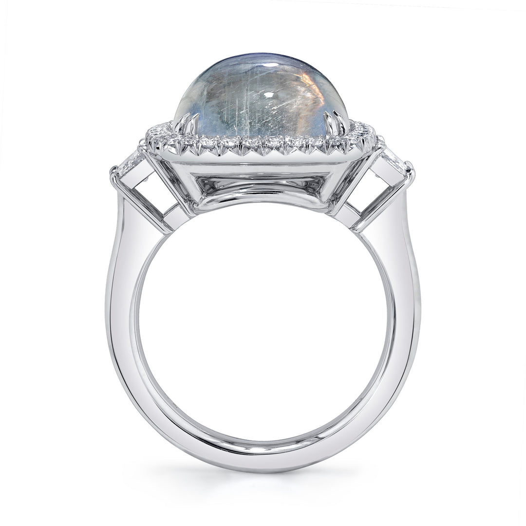 8.56ct Square Cushion Blue Sheen Moonstone & Diamond Three Stone Ring