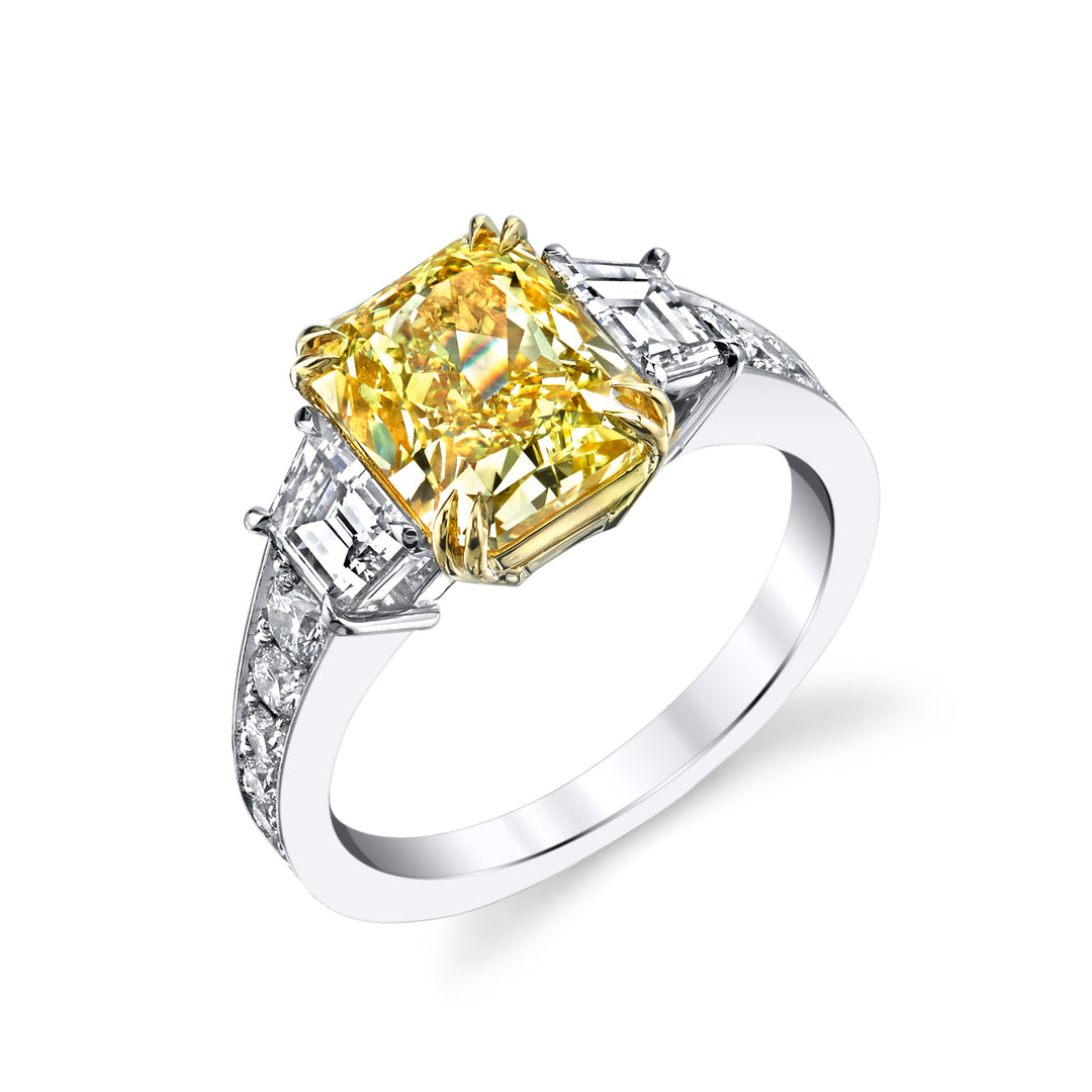 Radiant Fancy Intense Yellow Diamond Three Stone Ring