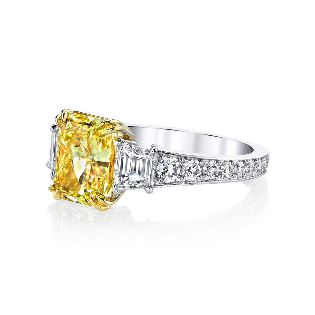 Radiant Fancy Intense Yellow Diamond Three Stone Ring