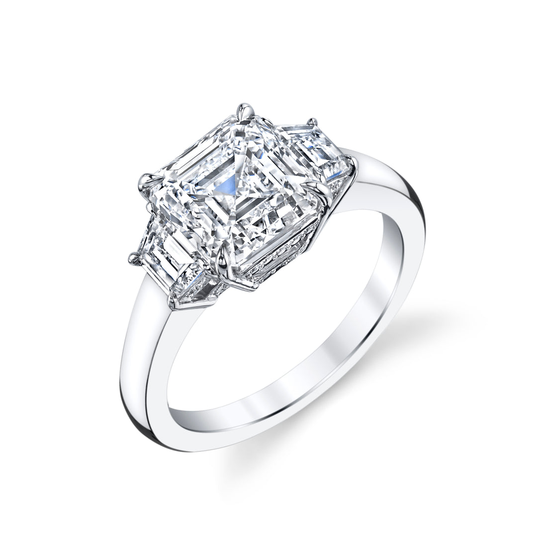 Asscher Cut & Trapezoid Diamond Three Stone Ring