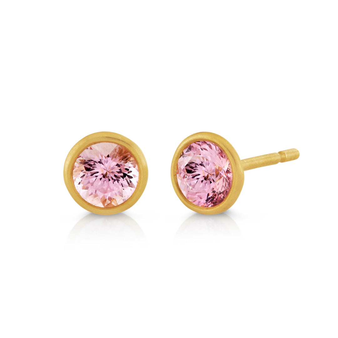 1.15ctw Round Light Pink Sapphire Bezel Earrings in 18K Yellow Gold