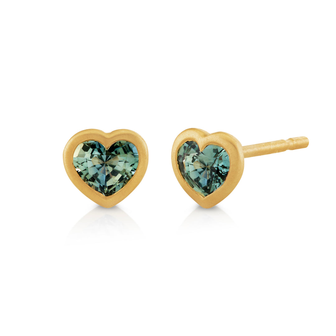 0.88ctw Heart Shape Green Garnet Mini Bezel Studs set in 18K Yellow Gold