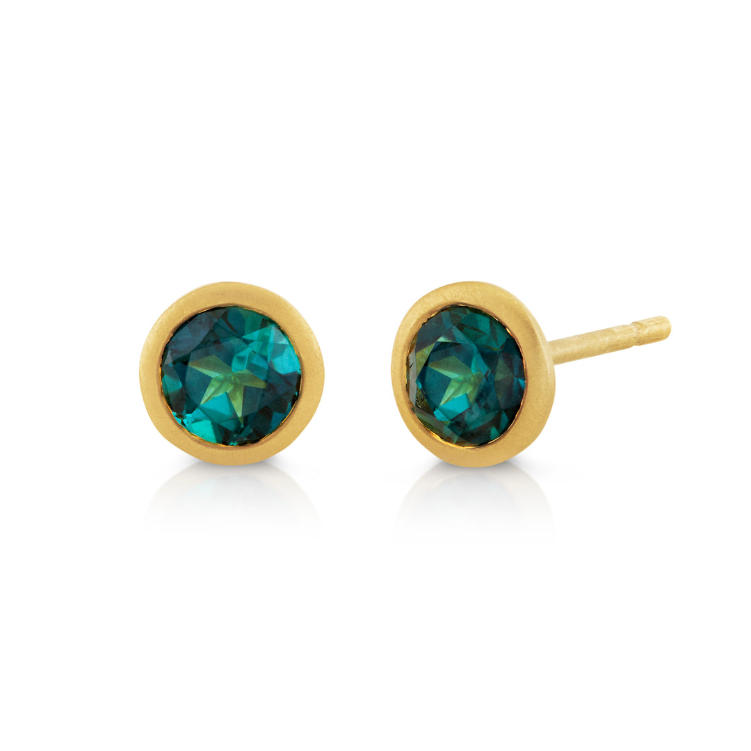 1.08ctw Round Blue-Green Tourmaline Bezel Earrings in 18K Yellow Gold