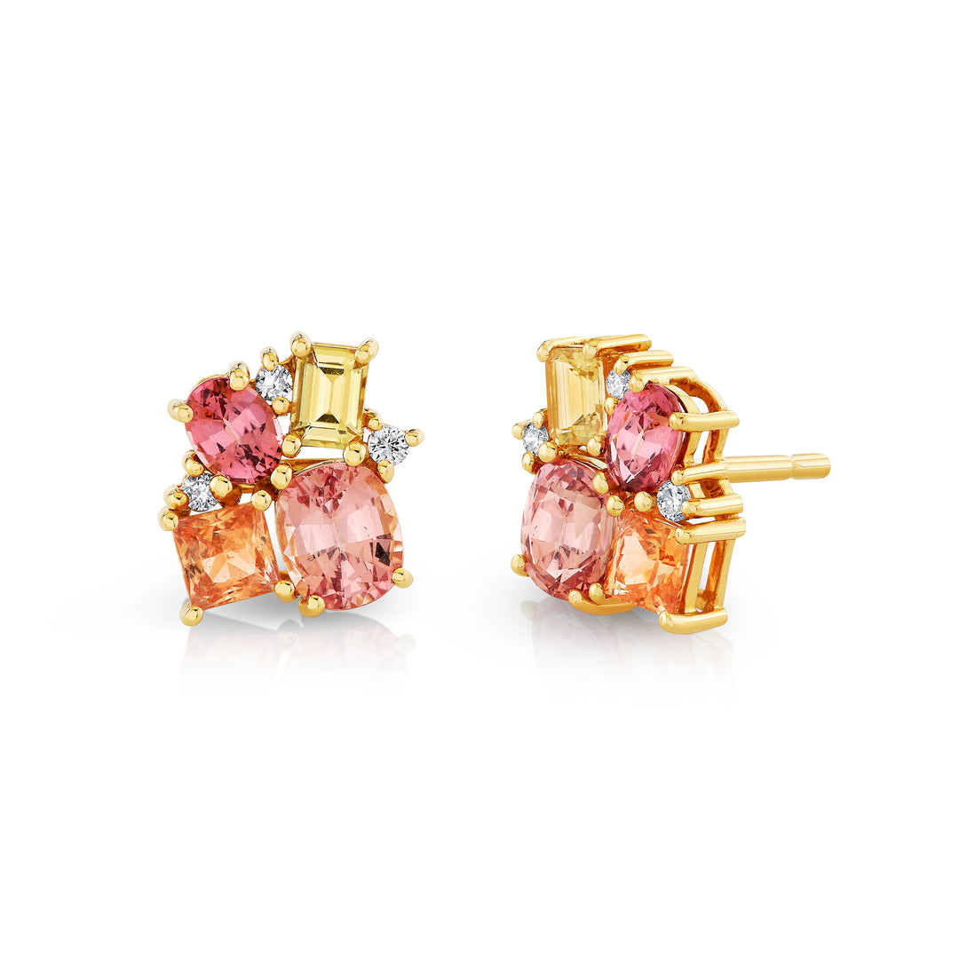 2.68ctw Mix Shape & Gemstone Cluster earrings set in 18K Yellow Gold