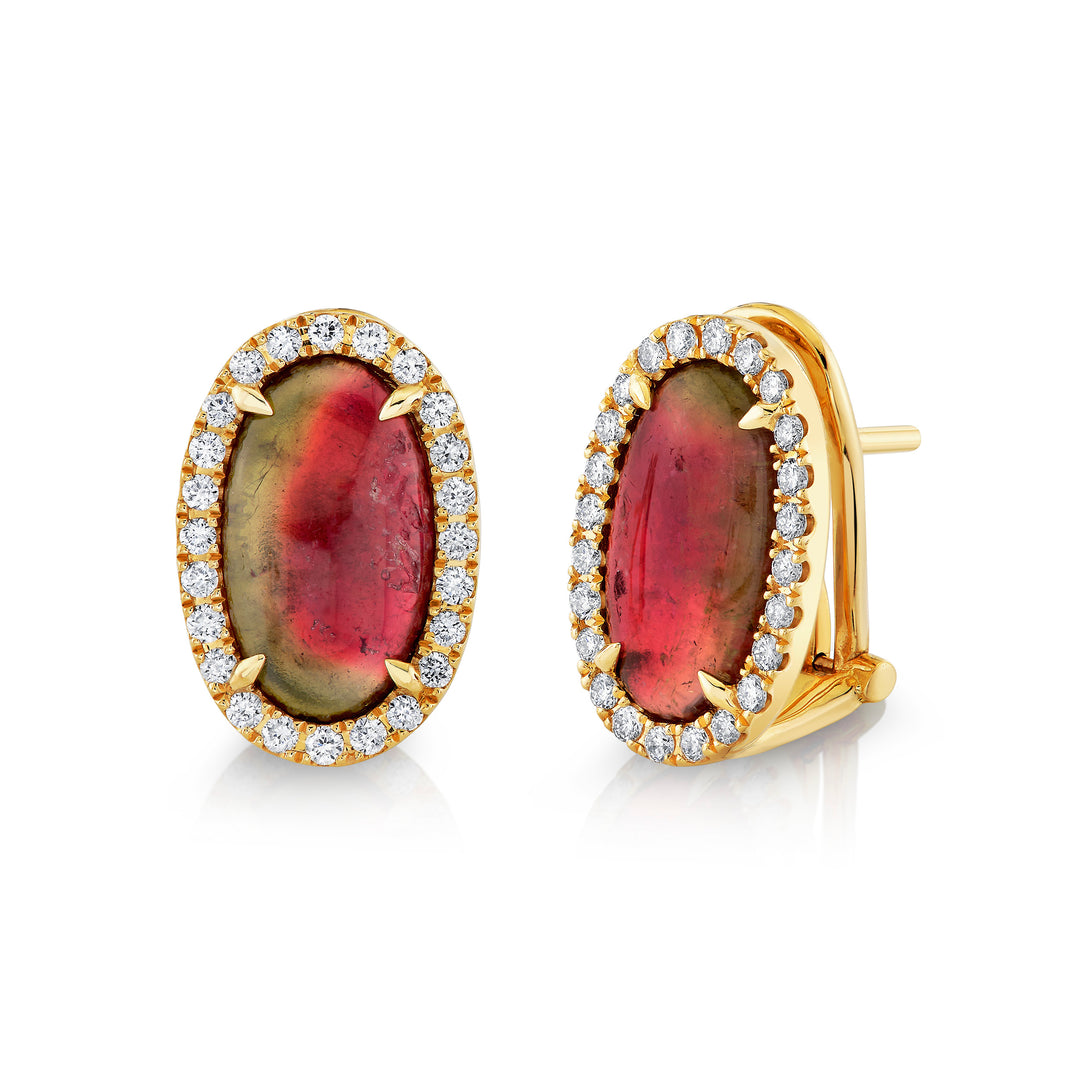 3.05ctw Oval Bi-Color Tourmaline & Diamond Earrings in 18K Yellow Gold