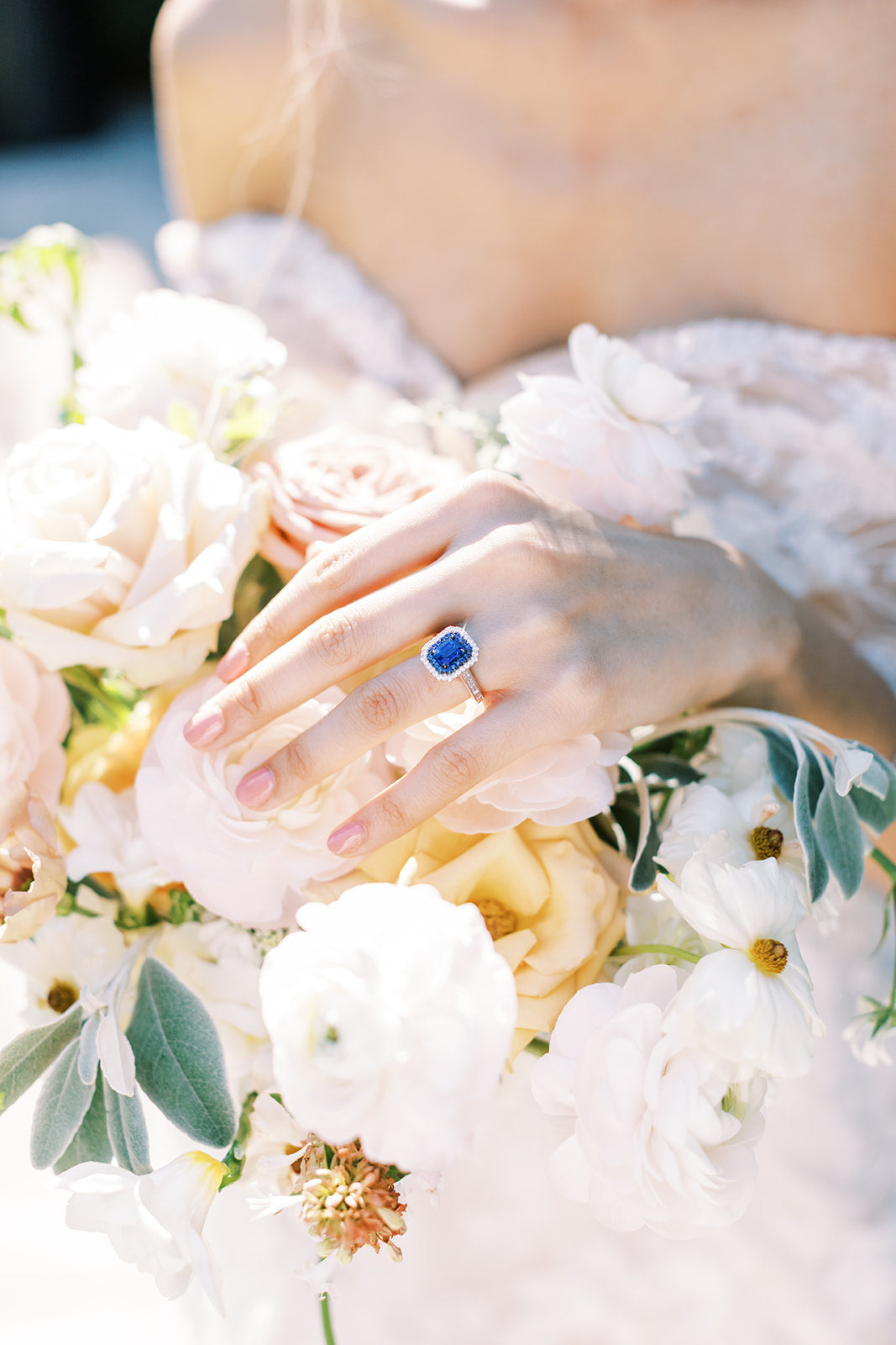 Double Halo Sapphire & Baguette Diamond Ring