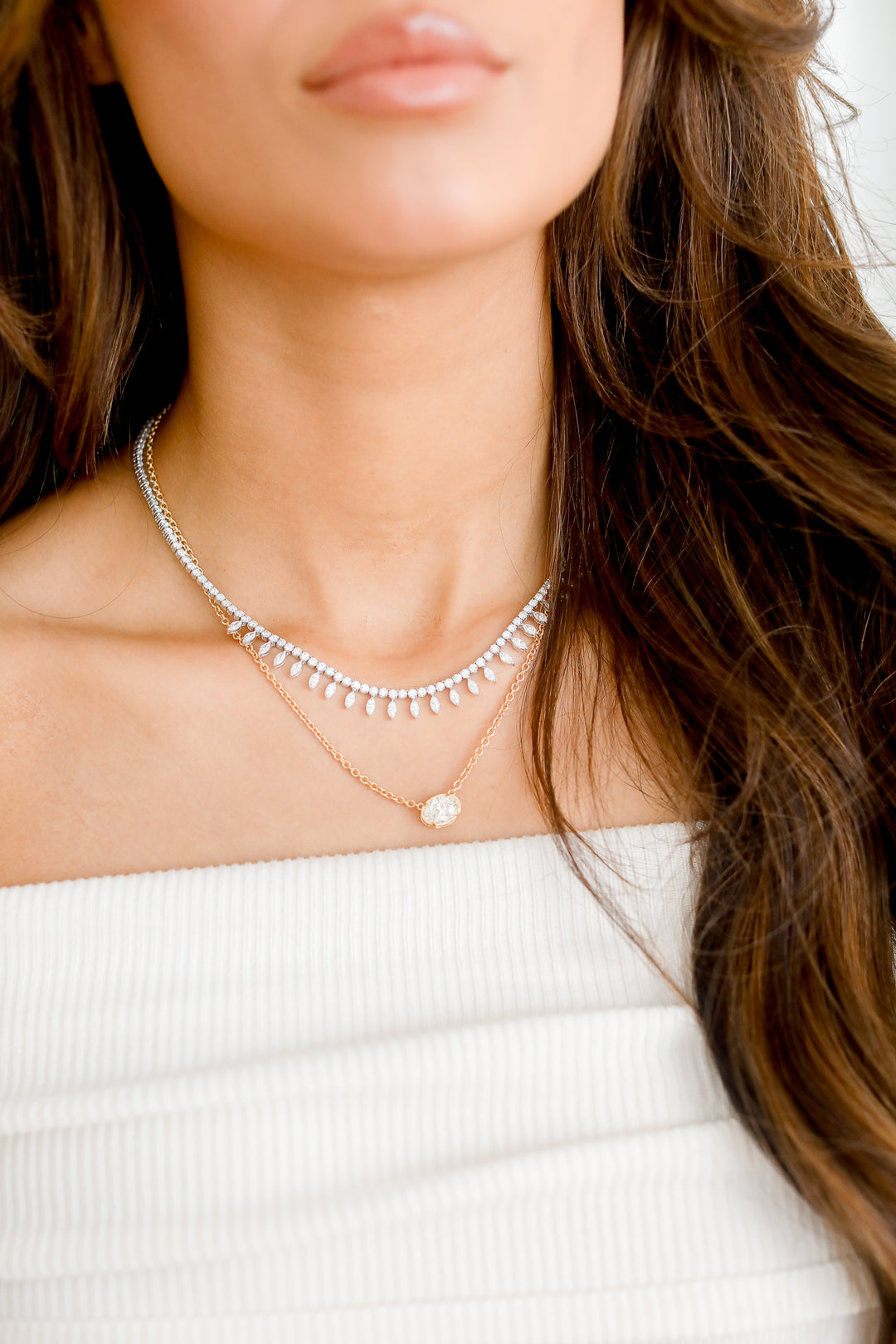 Fringe Fancy Shape Natural Diamond Tennis Necklace in 18K White Gold