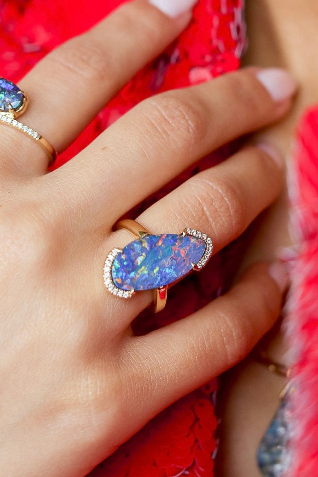 6.61ct Australian Opal Doublet & Diamond Ring in 14K Yellow Gold