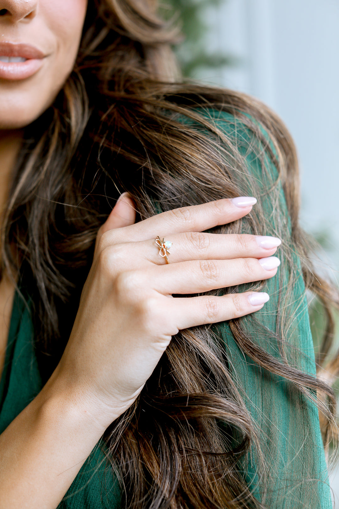 14K Yellow Gold Heart Shape Australian Opal & Diamond Mini Bow Ring