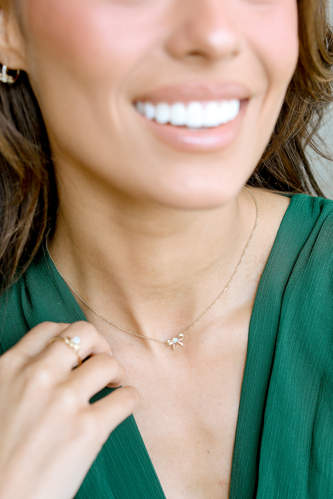 14K Yellow Gold Australian Opal & Diamond Mini Bow Necklace