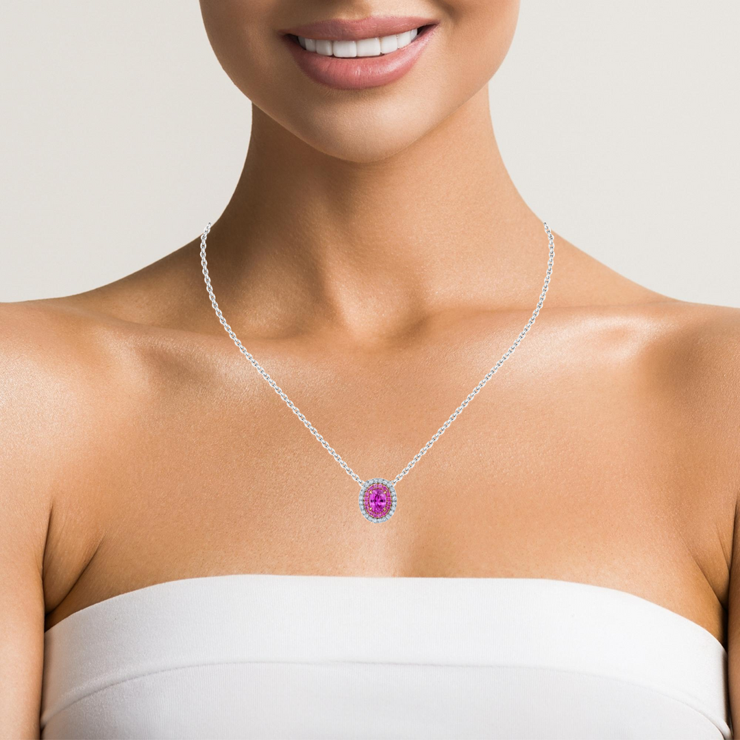 Oval Pink Sapphire & Diamond Slider Necklace in Platinum & 18K Rose Gold