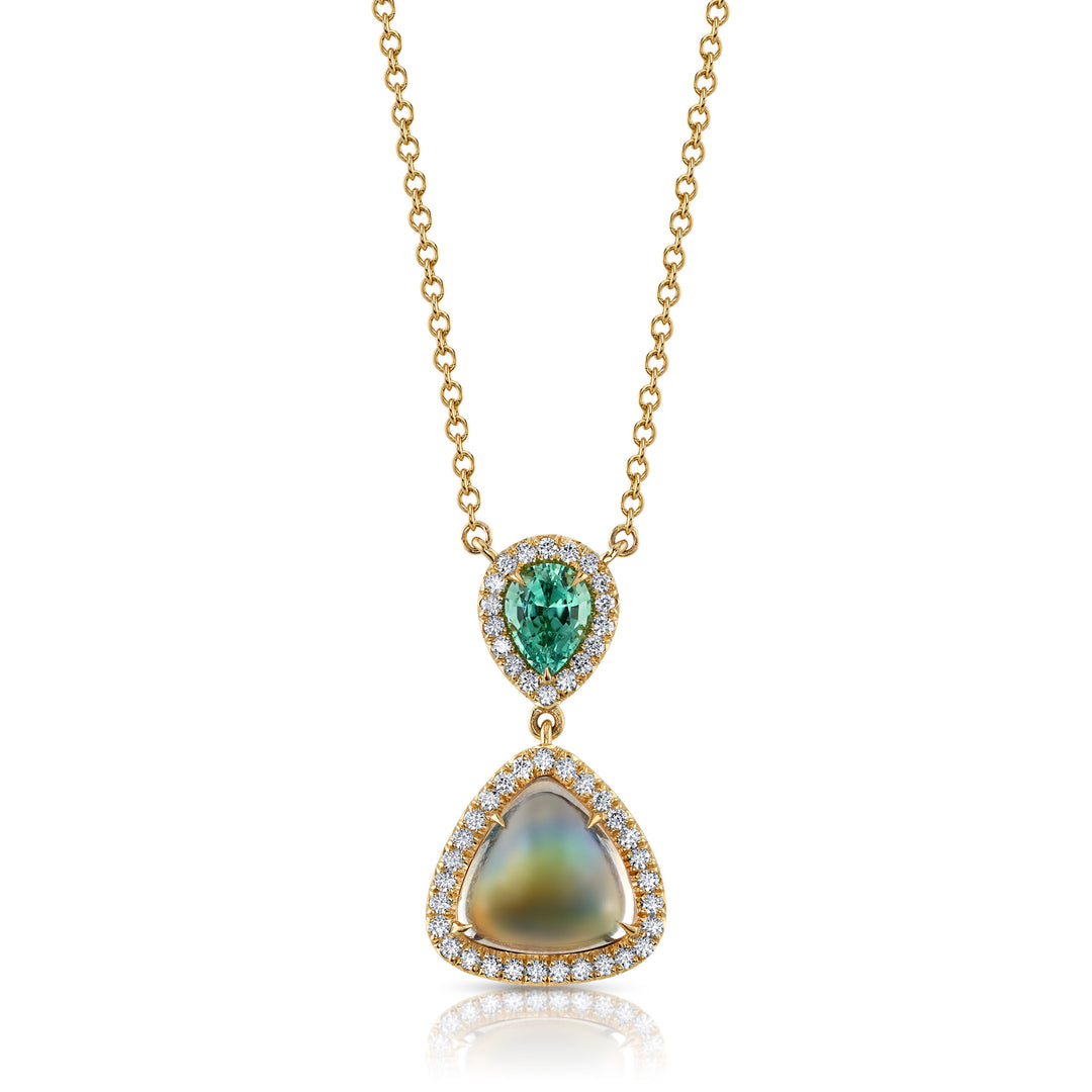 3.65ct Rainbow Moonstone, Lagoon Tourmaline , and Diamond Necklace in 18K Yellow Gold