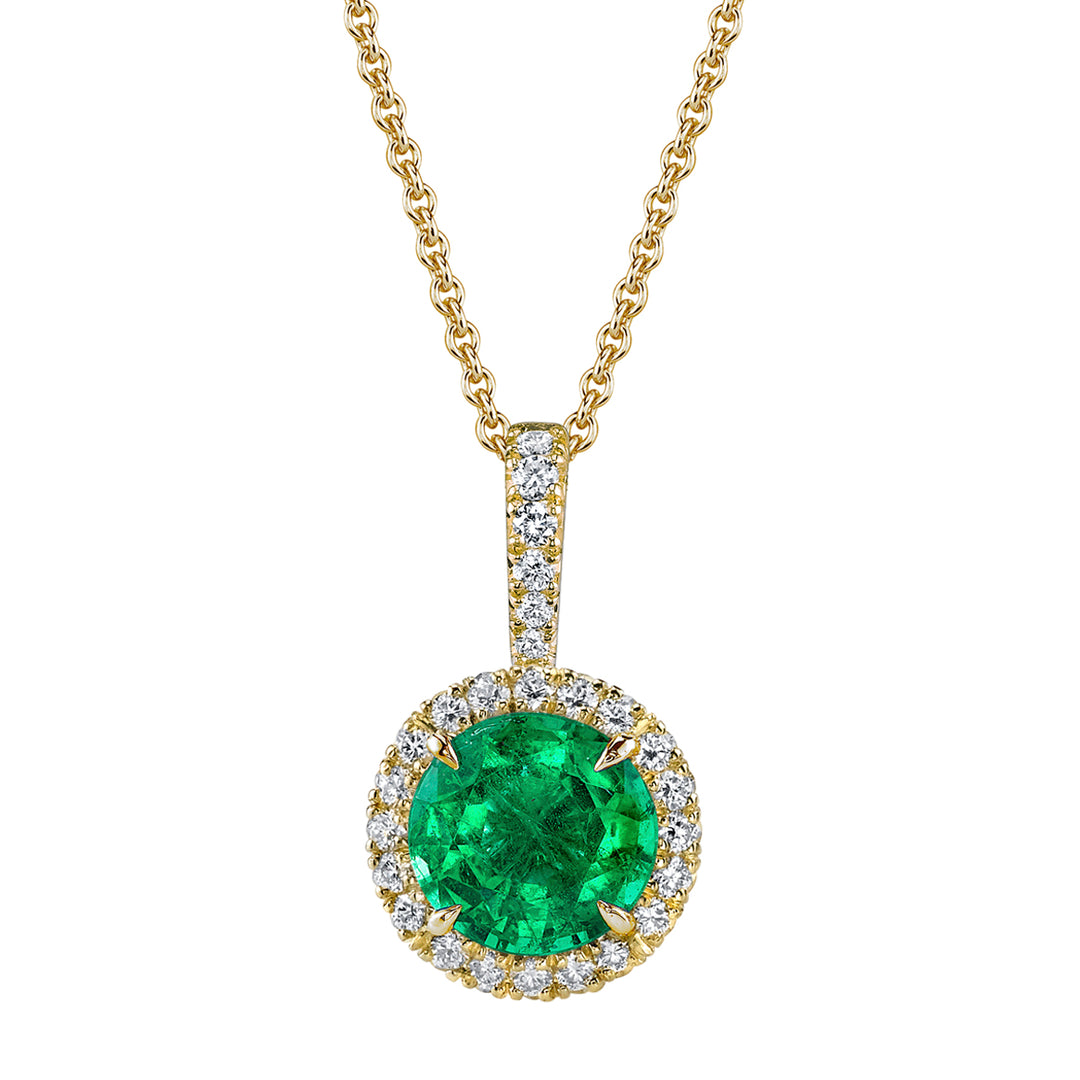 Emerald & Round Halo Diamond Pendant