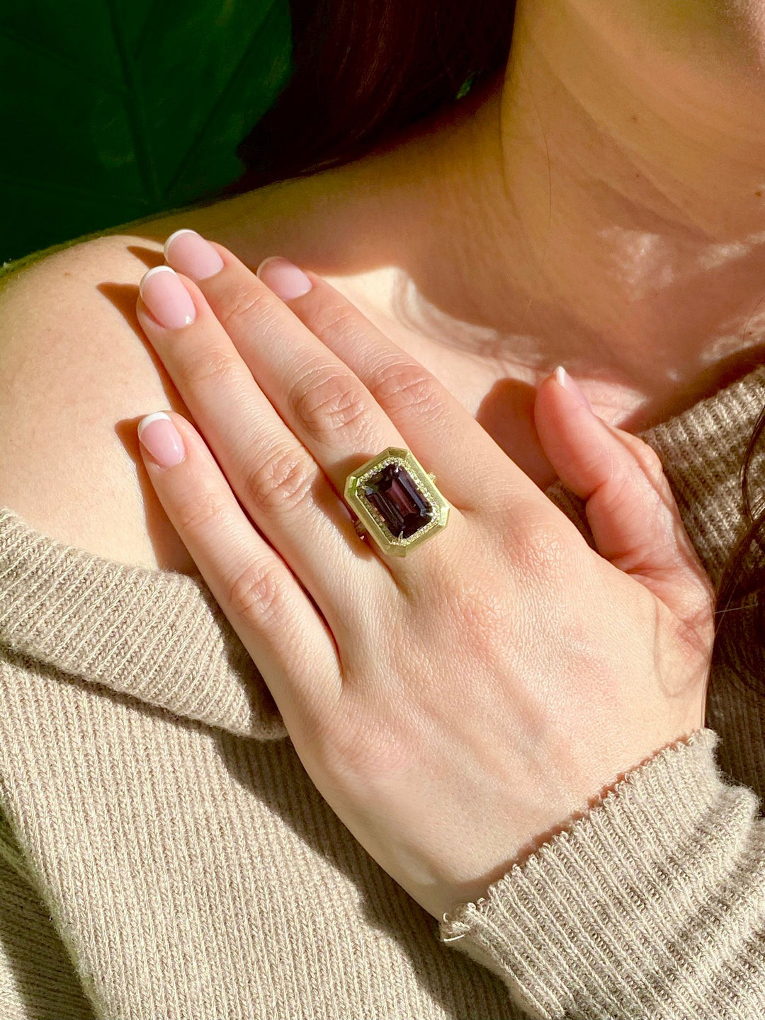 8.66 Emerald Cut Greyish-Purple Spinel & Diamond Ring