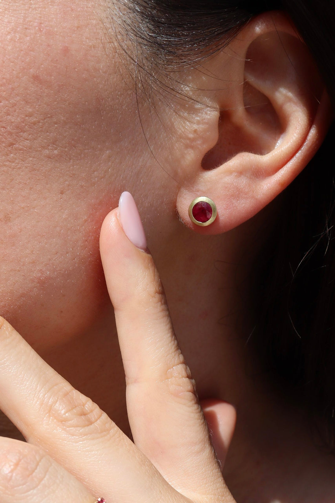 1.79ct Round Ruby Brushed Gold Stud Earrings