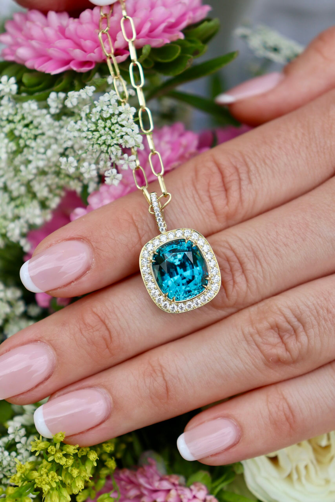 Cushion Blue Zircon Diamond Enhancer Pendant in 18K