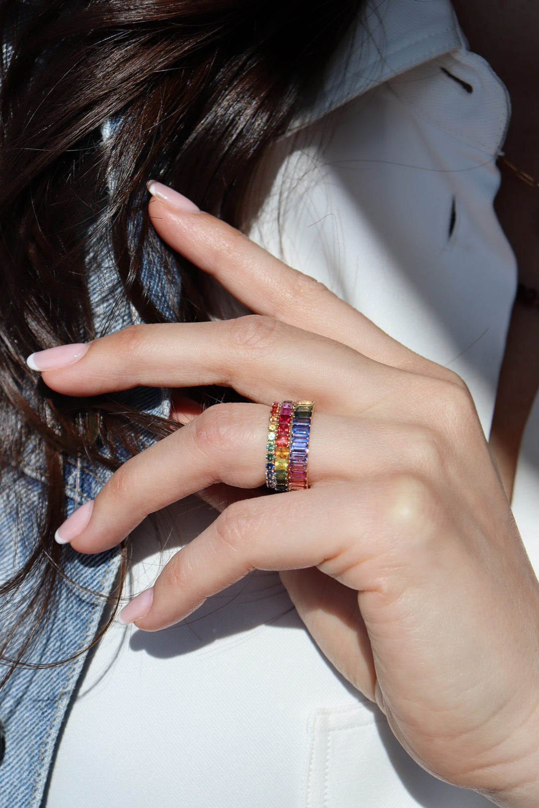 "Over the Rainbow" Baguette Multi-Colored Sapphire Eternity Band