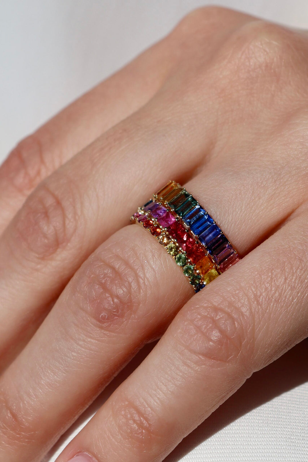 "Over the Rainbow" Baguette Multi-Colored Sapphire Eternity Band