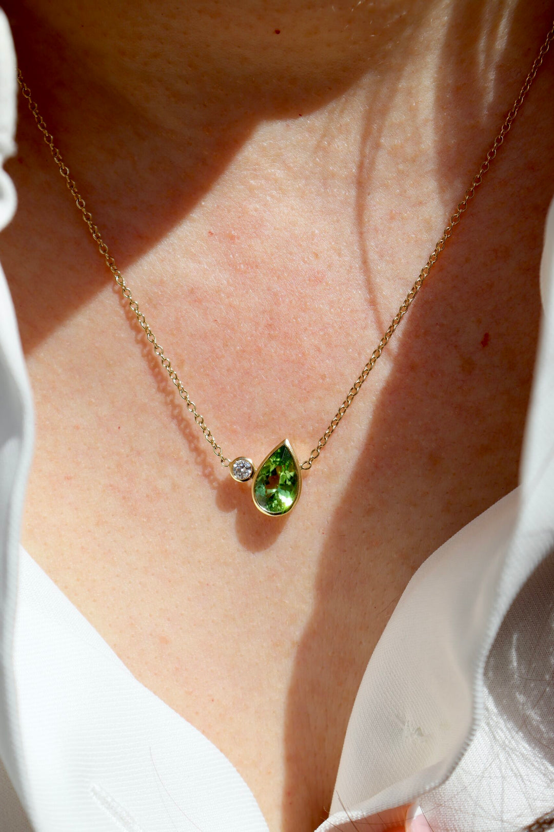 1.88ct Pear Shape Peridot & Diamond Two-Stone Necklace in 18K Yellow Gold