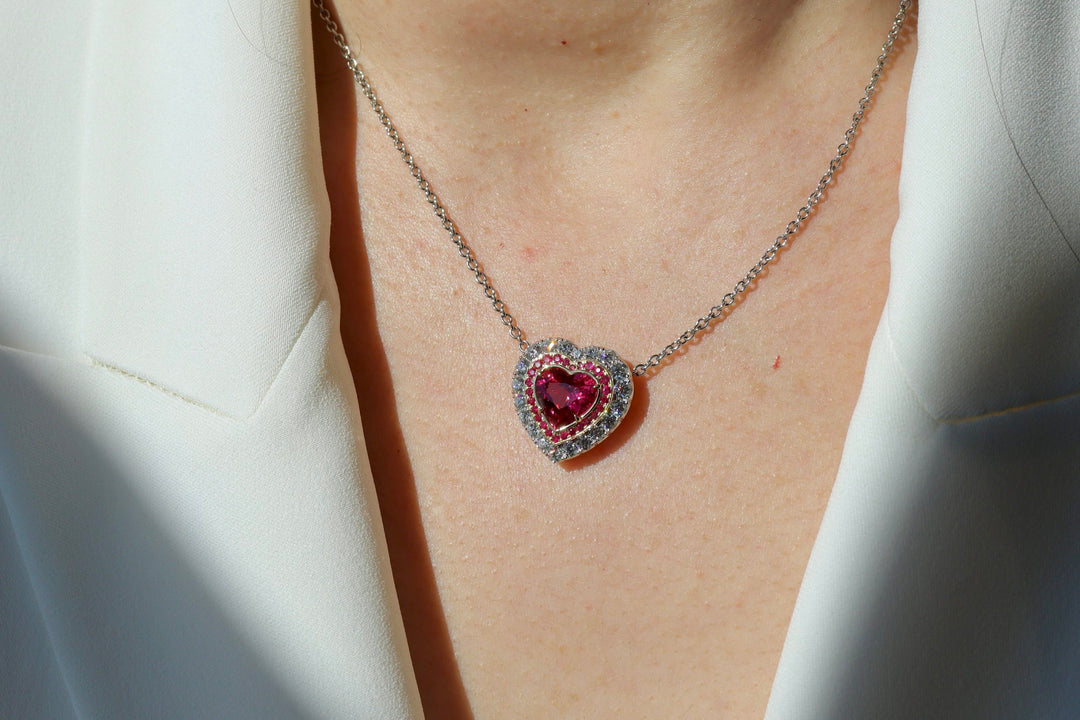 2.74ct Heart Shape Spinel, Ruby, & Diamond Necklace