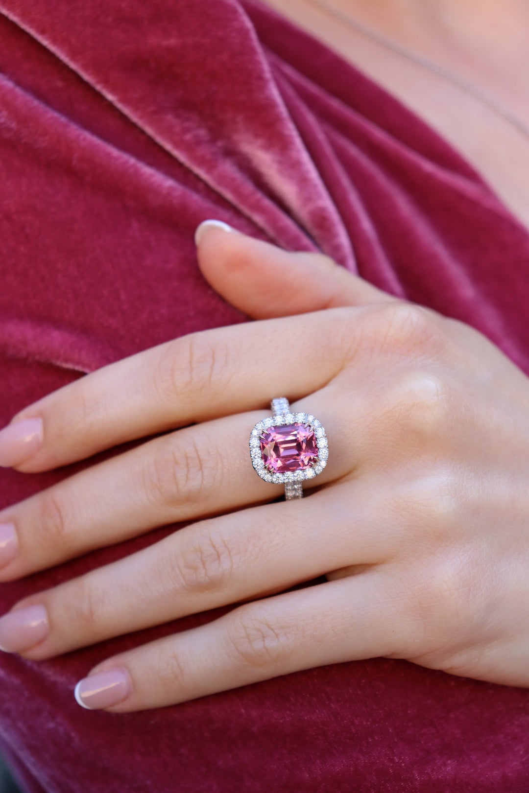 6.36ct Cushion Tanzanian Pink Spinel & Diamond Ring