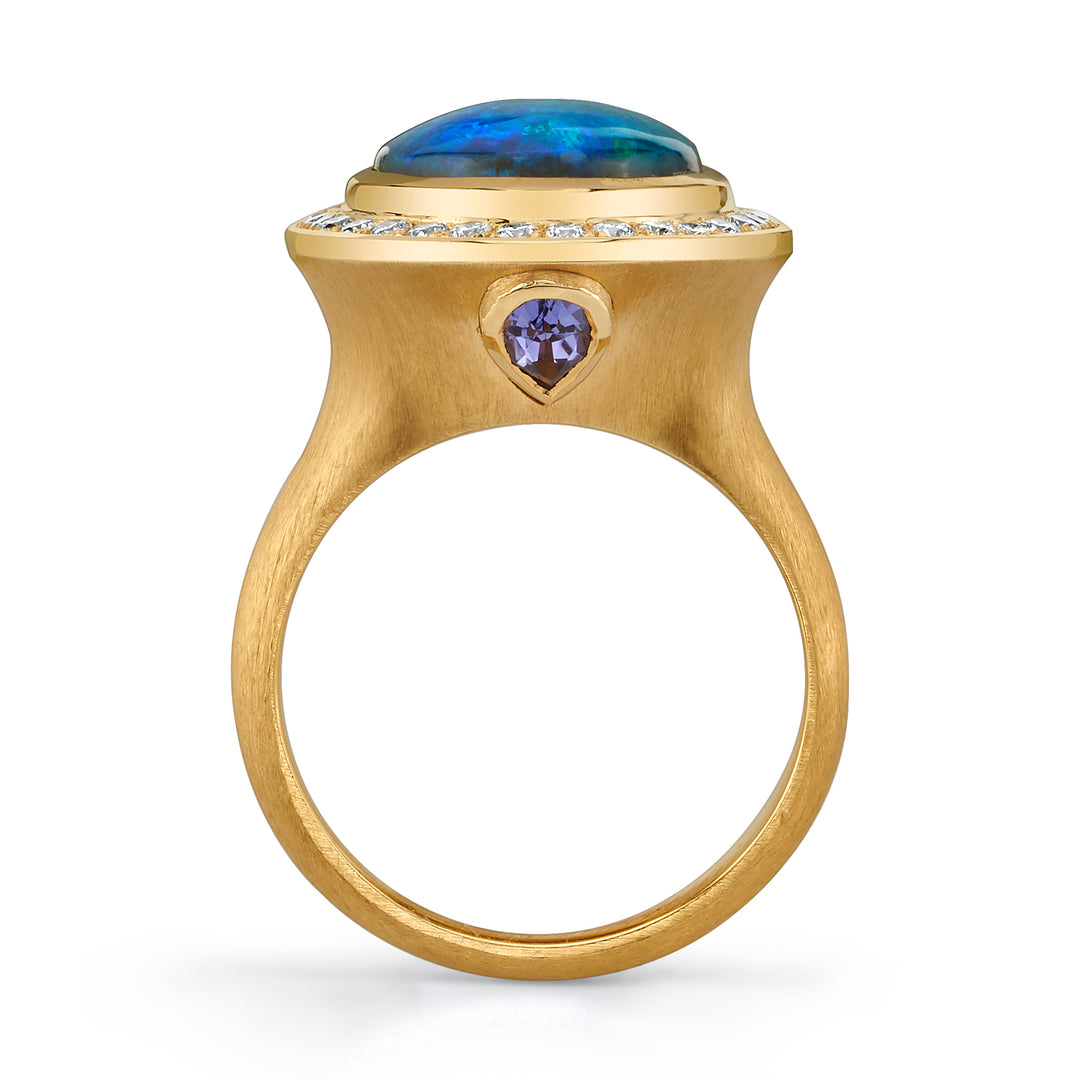 5.37ct Oval Black Opal, Tanzanite, & Diamond Ring