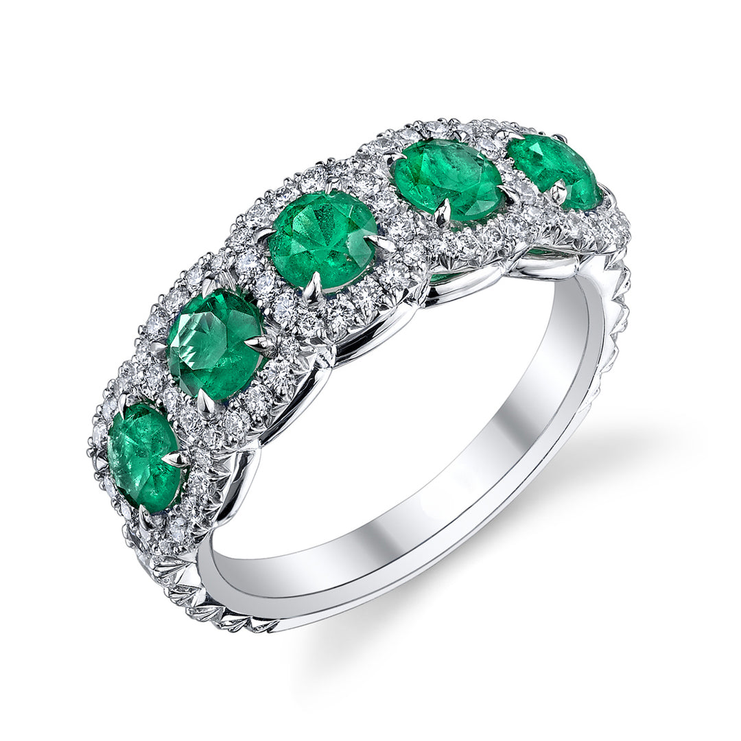 5 Stone Emerald & Diamond Cushion Halo Band