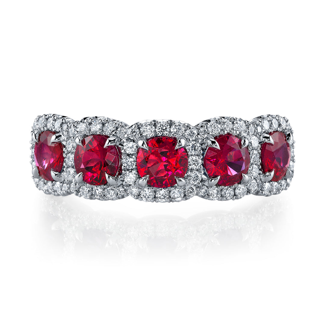 5 Stone Ruby & Diamond Cushion Halo Band