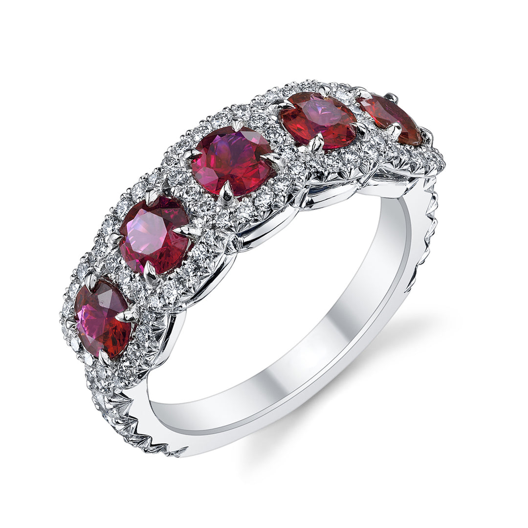 5 Stone Ruby & Diamond Cushion Halo Band