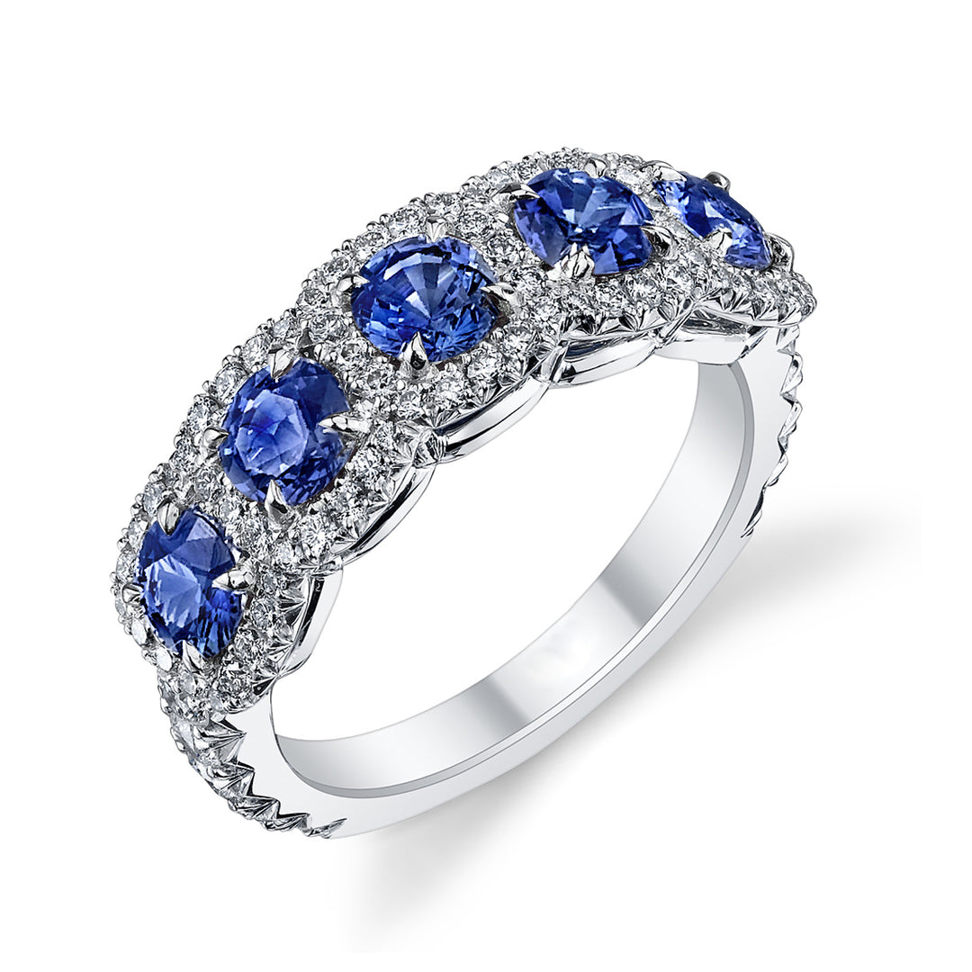 5 Stone Sapphire & Diamond Cushion Halo Band