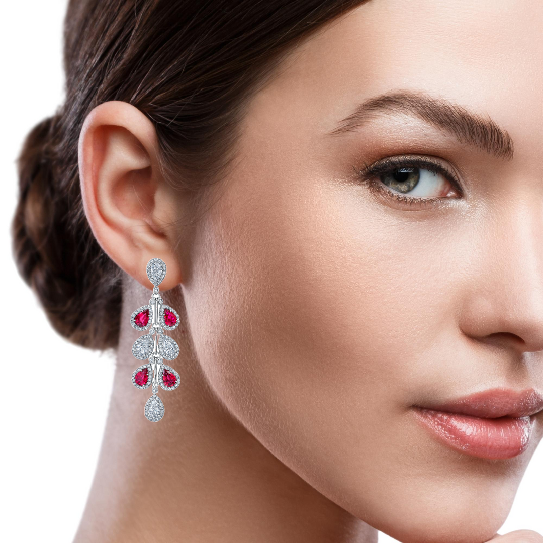 Cascading Ruby & Diamond Dangle Earrings in Platinum