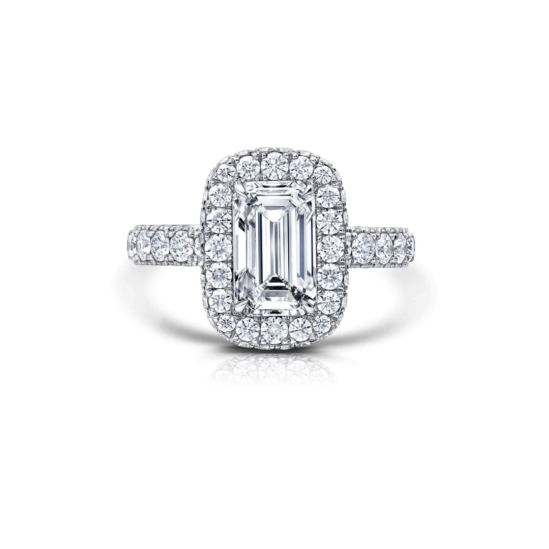 Emerald Cut Diamond Top & Side Halo Ring