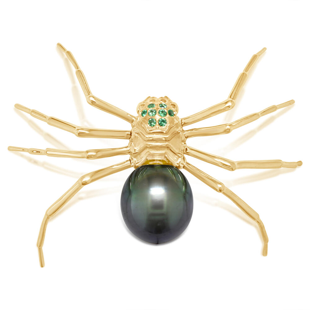 14K Yellow Gold Tahitian Pearl & Tsavorite Garnet Spider Brooch/Lapel Pin