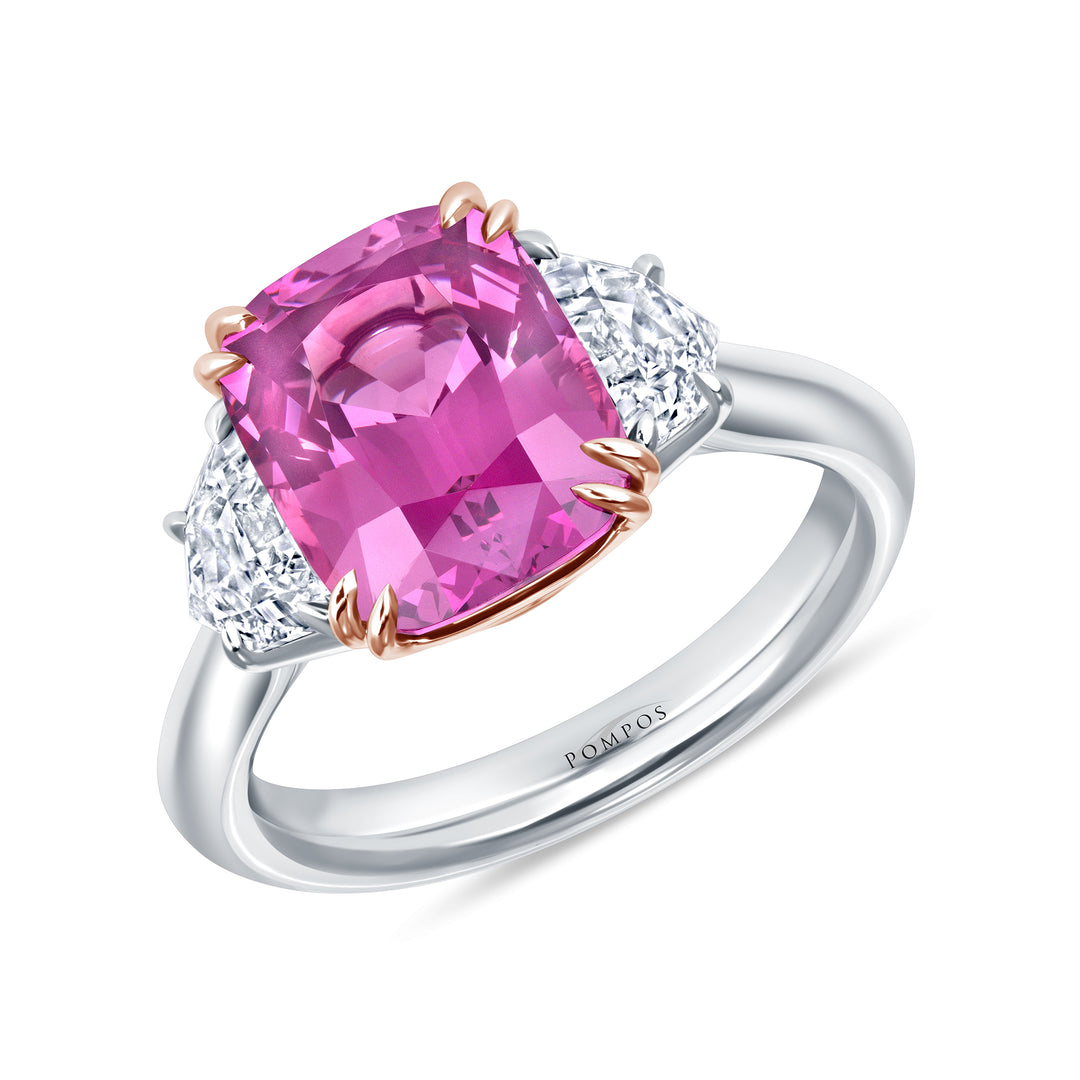 Cushion Pink Spinel & Diamond Three-Stone Ring in Platinum