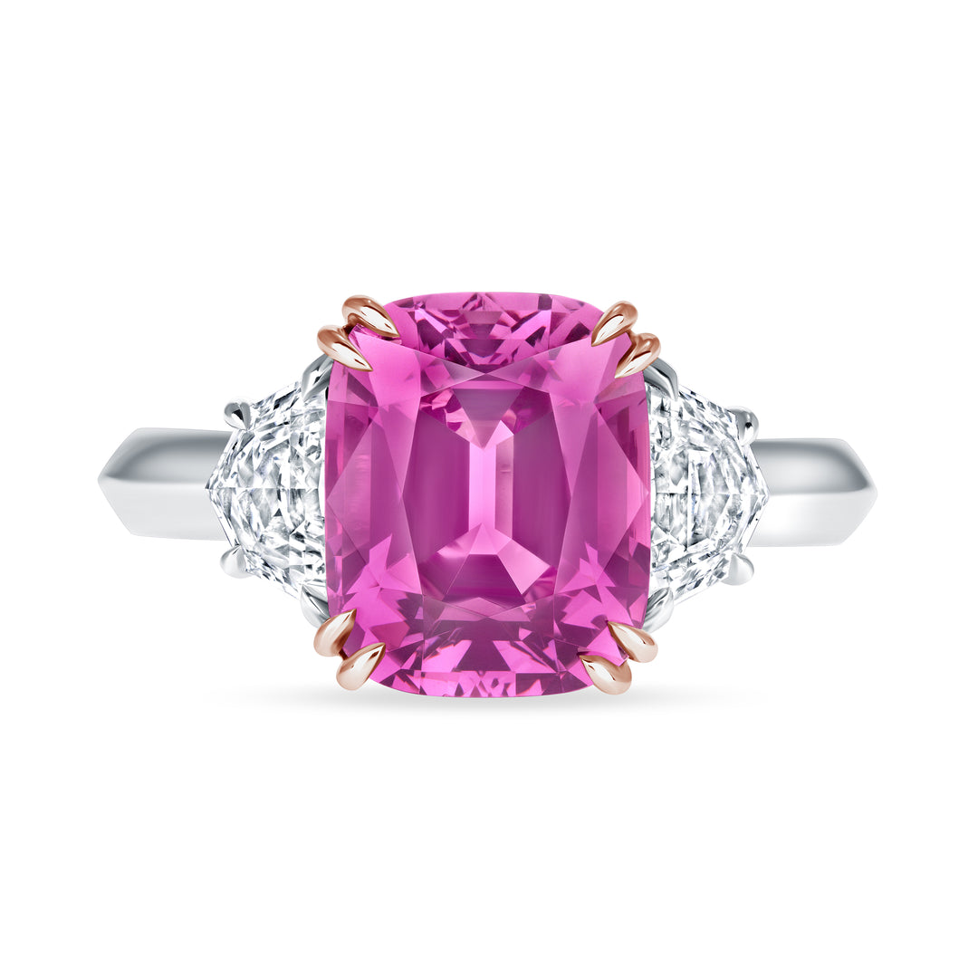 Cushion Pink Spinel & Diamond Three-Stone Ring in Platinum
