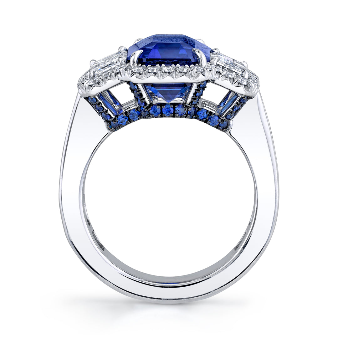 Emerald Cut Sapphire & Diamond Three Stone Ring