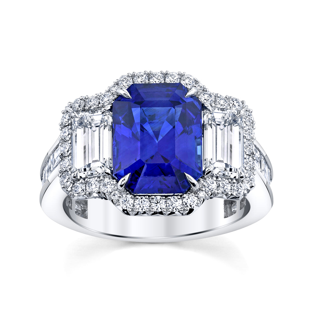 Emerald Cut Sapphire & Diamond Three Stone Ring