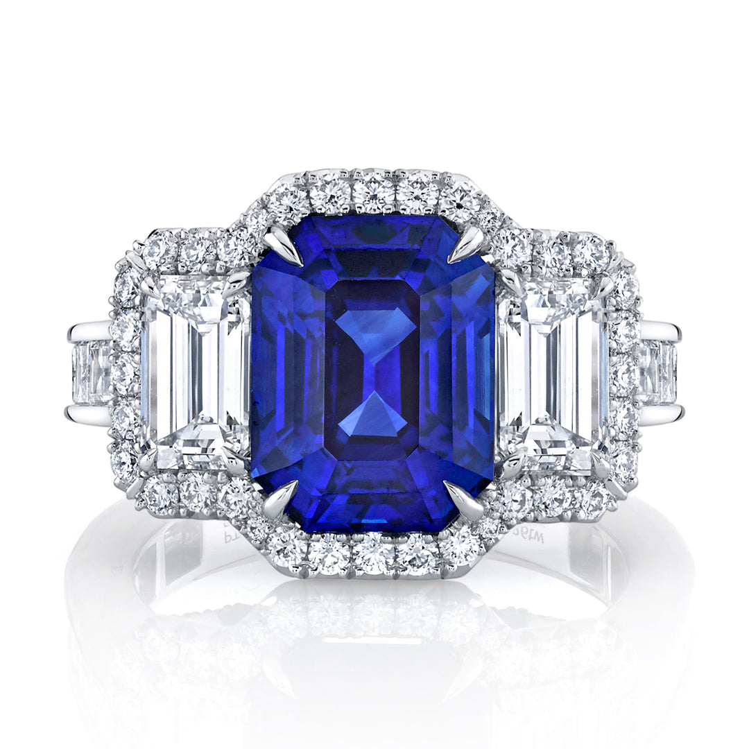 Emerald Cut Sapphire & Diamond Three Stone Ring