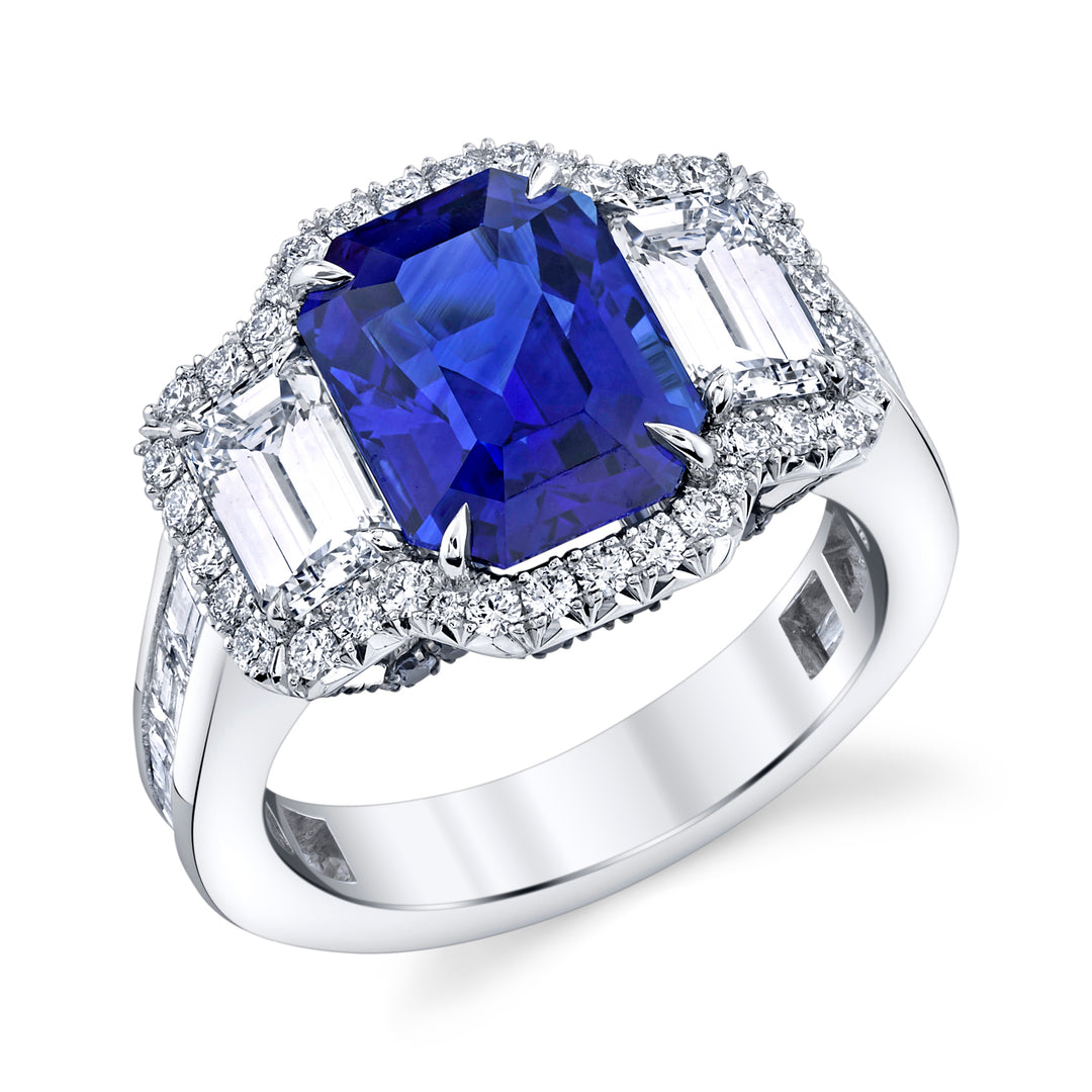 Emerald Cut Sapphire & Diamond Three Stone Ring