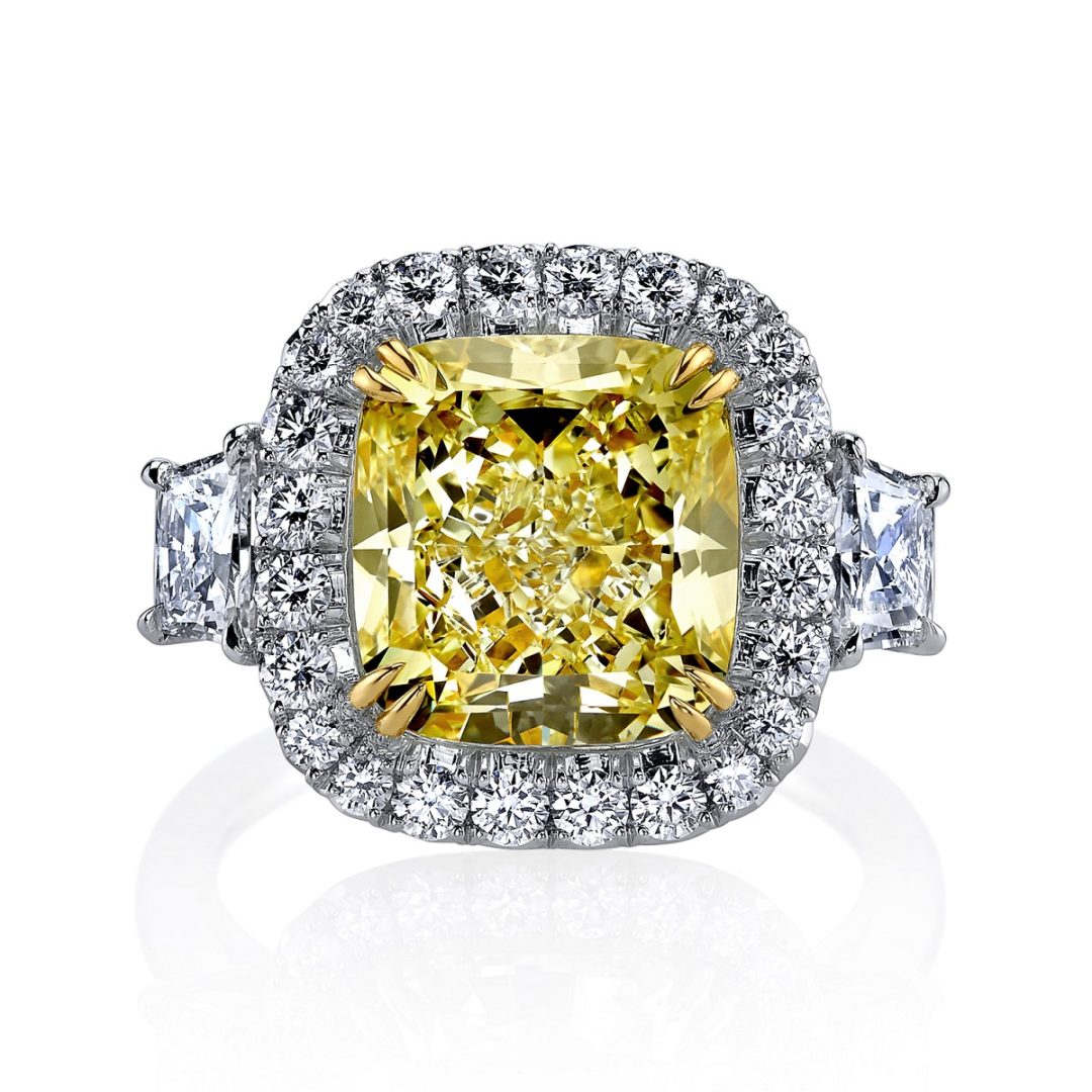 Cushion Natural Fancy Yellow Diamond Three Stone Ring