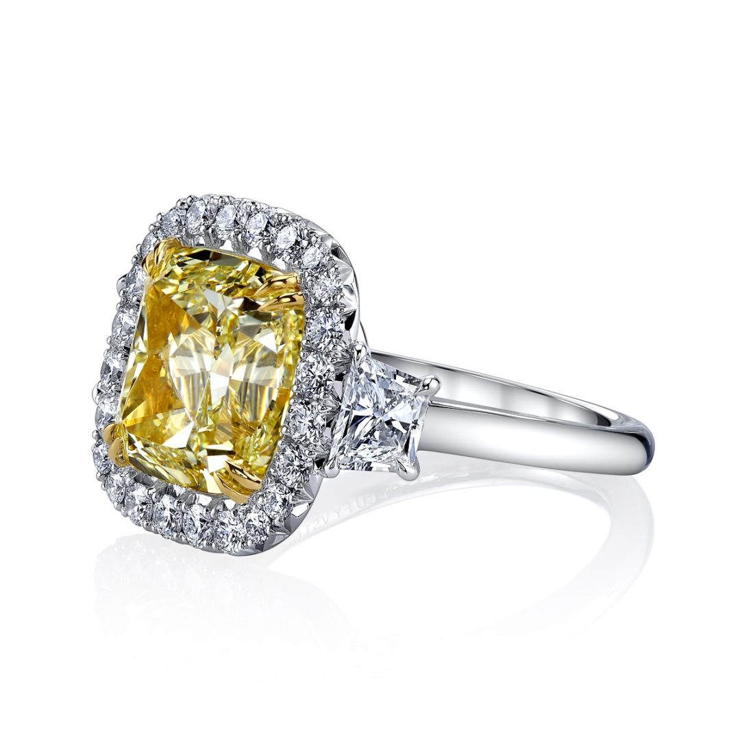 Cushion Natural Fancy Yellow Diamond Three Stone Ring