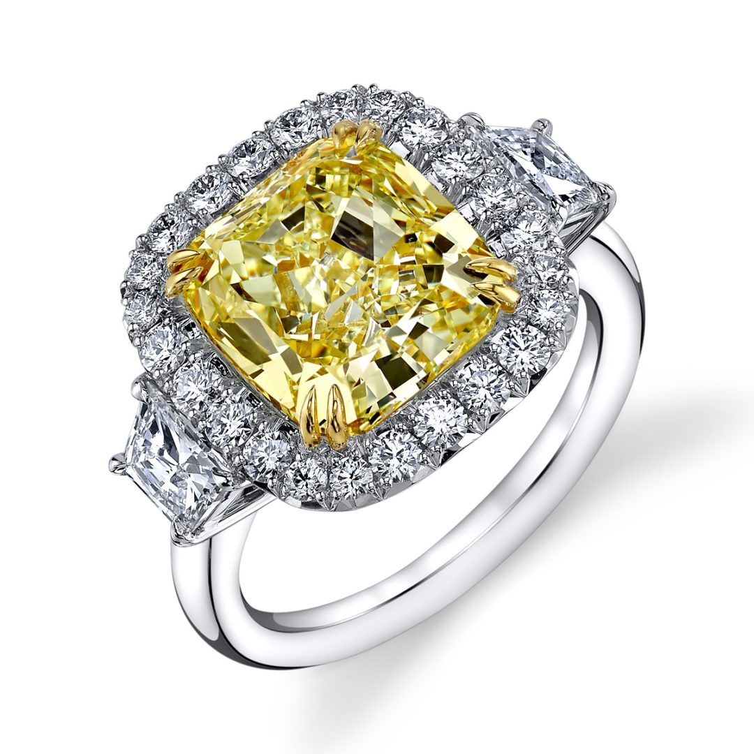 Cushion Natural Fancy Yellow Diamond Three Stone Ring