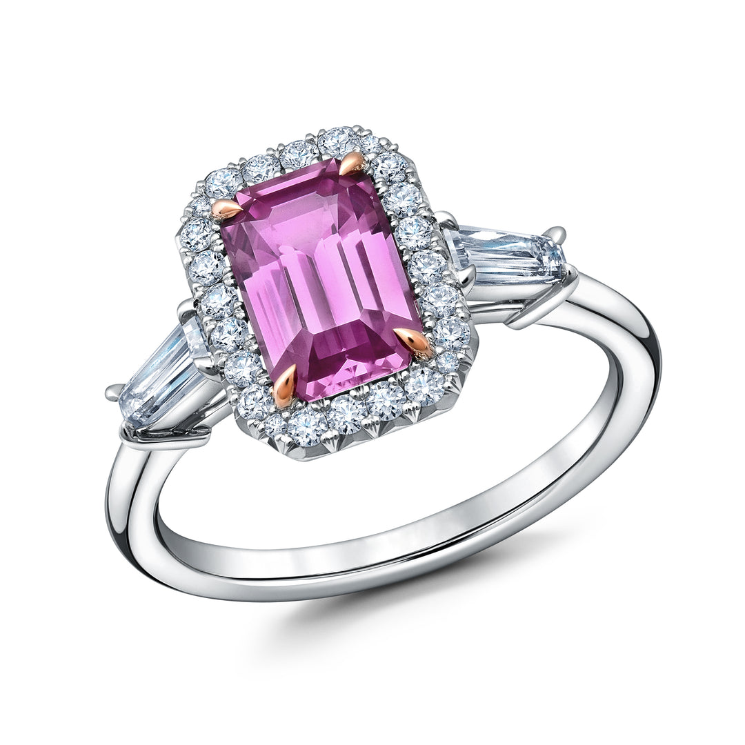 1.78ct Emerald Cut Pink Sapphire & Diamond Three Stone Ring