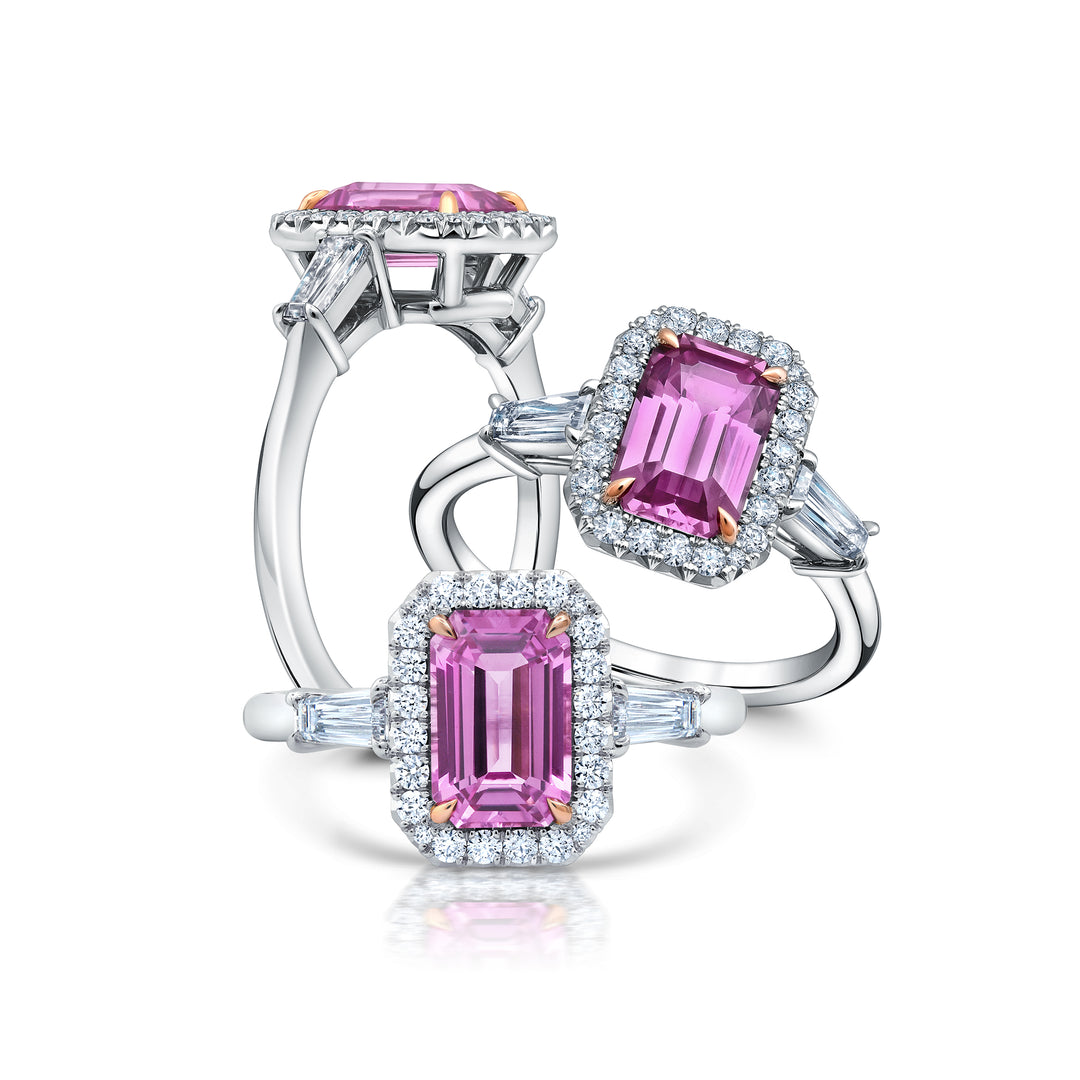 1.78ct Emerald Cut Pink Sapphire & Diamond Three Stone Ring